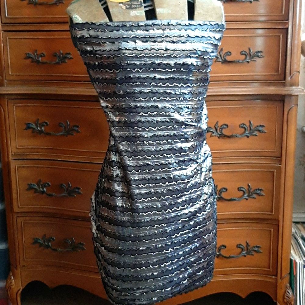 Strapless shiny silver strappy mini dress
